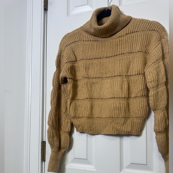 FCT With Love Camel Ribbed Knit Cropped Turtleneck Sweater Size Small - Picture 3 of 7